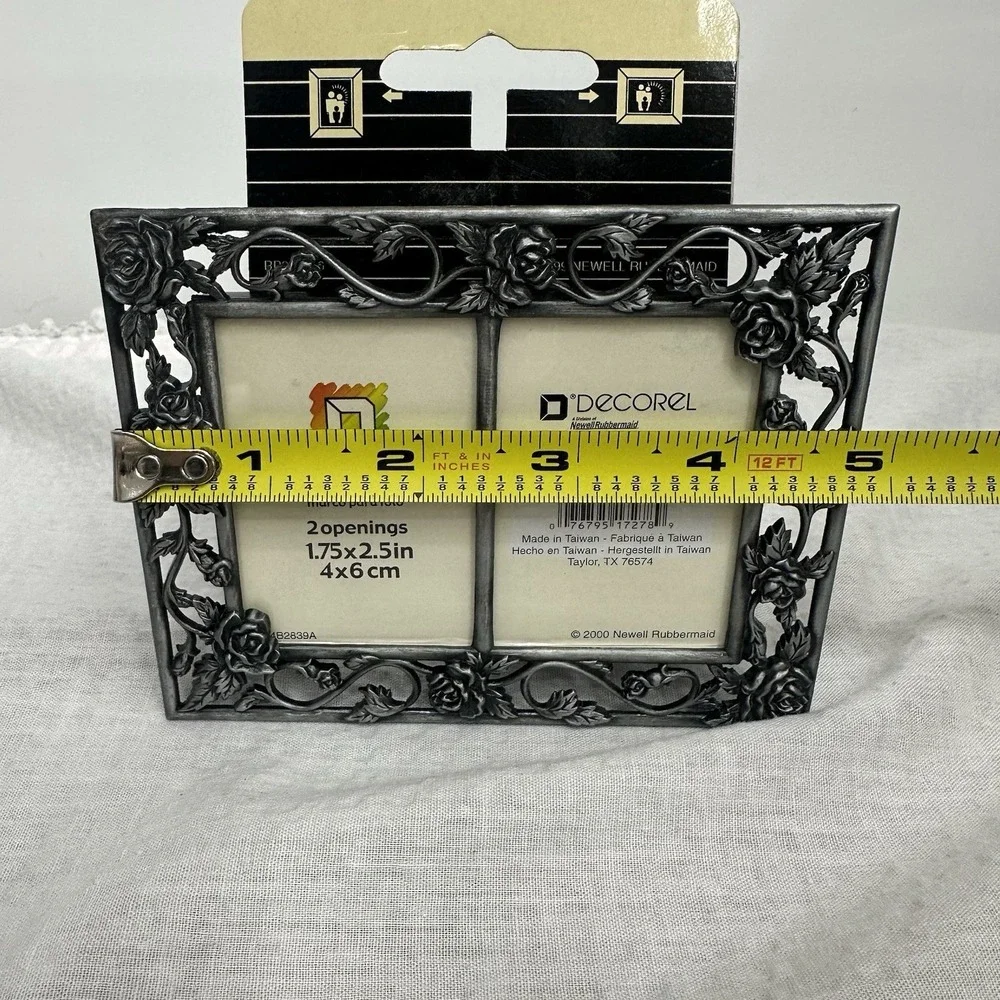 Double Ornate Picture Frame Metal Antiqued Silver Rose Floral Tabletop 1.75x2.5